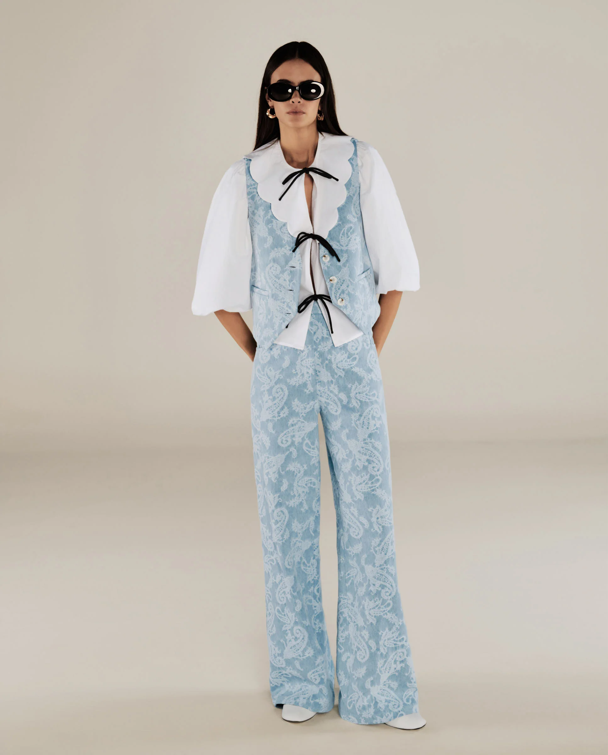 AARYA | Pale Denim Blue Wide-Leg Paisley Cotton Trousers
