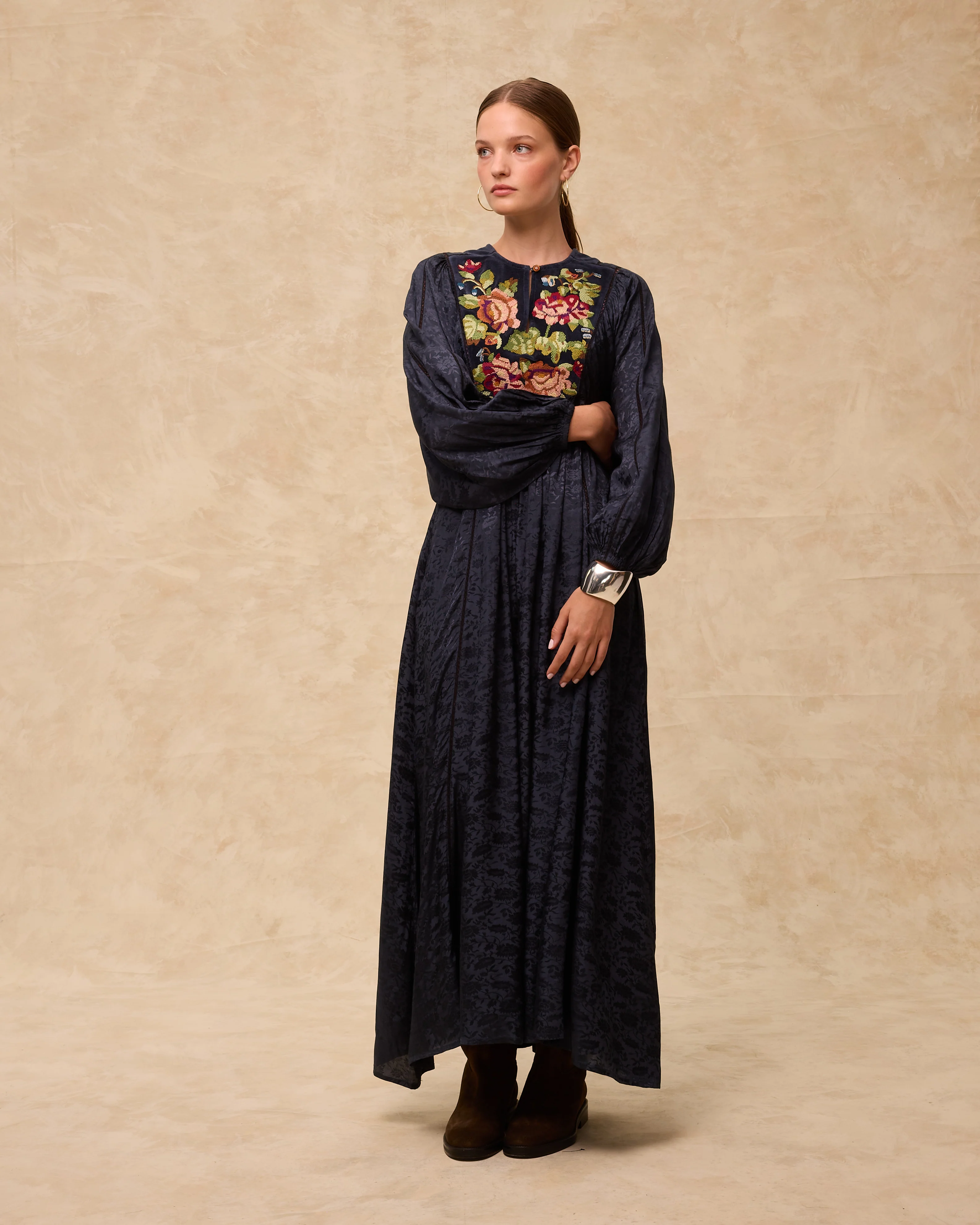 AMAL | Anthracite Embroidered Jacquard Midi Dress