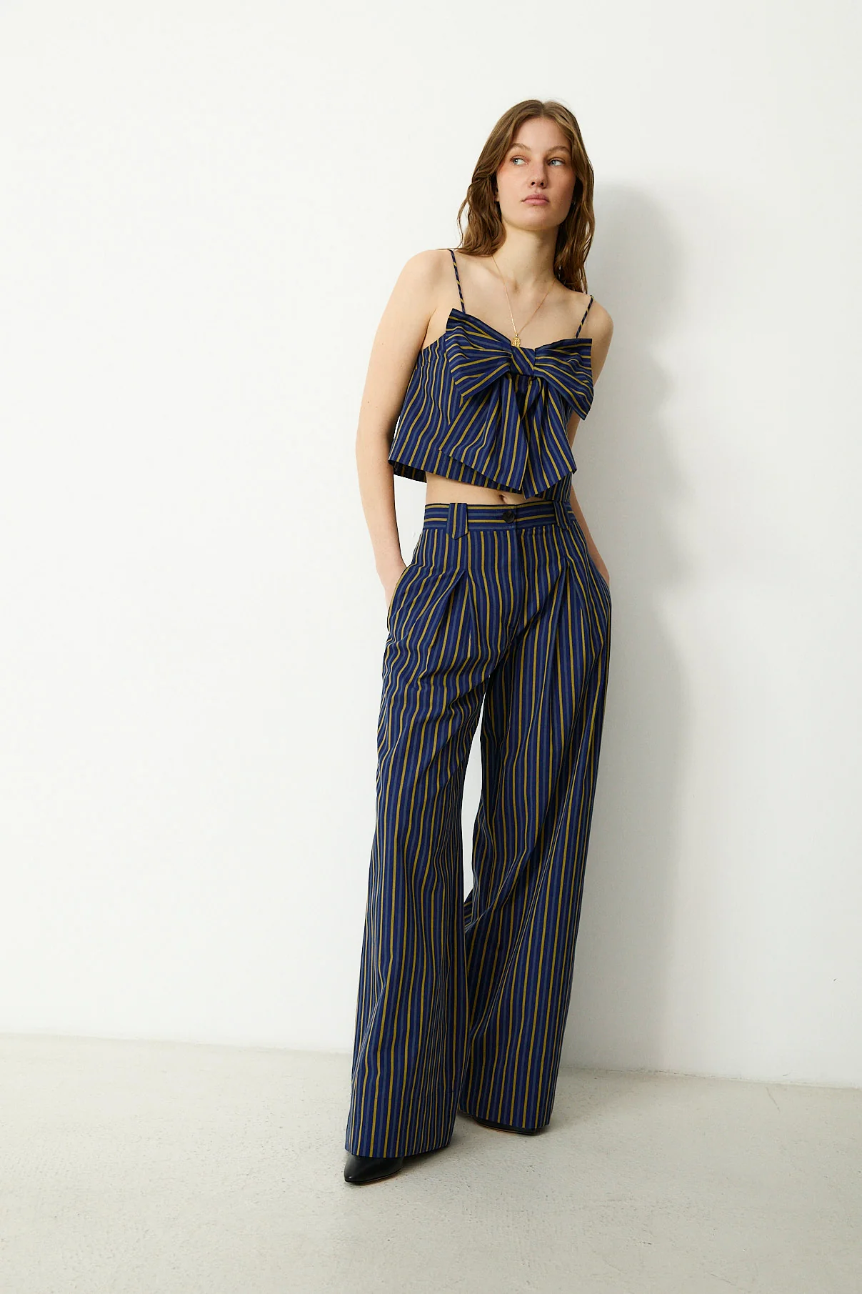 DARIA | Blue Striped Cotton Wide Leg Trousers