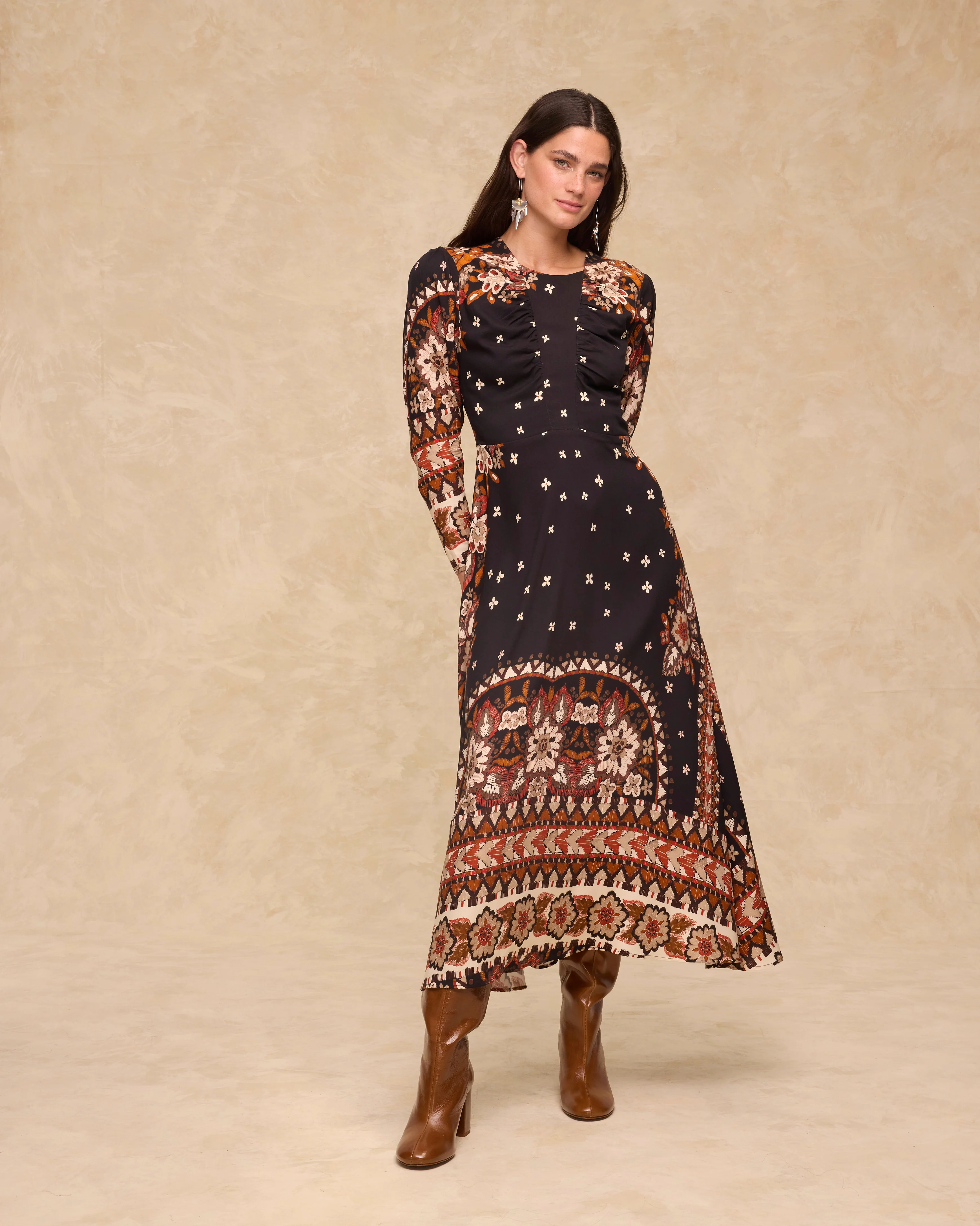DELPHINE | Black Paisley Floral Print Midi Dress