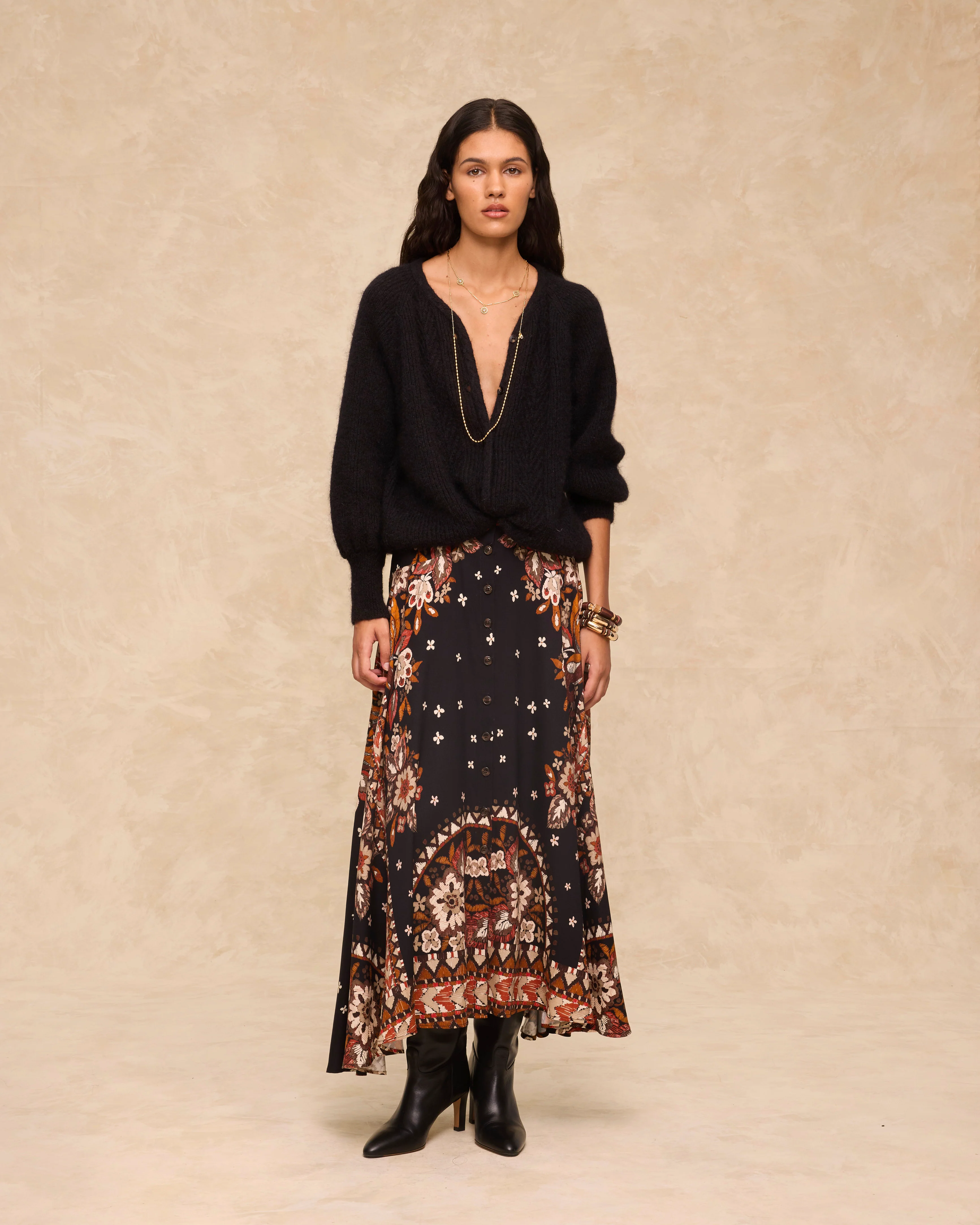 DELPHINE | Black Paisley Floral Print Midi Skirt