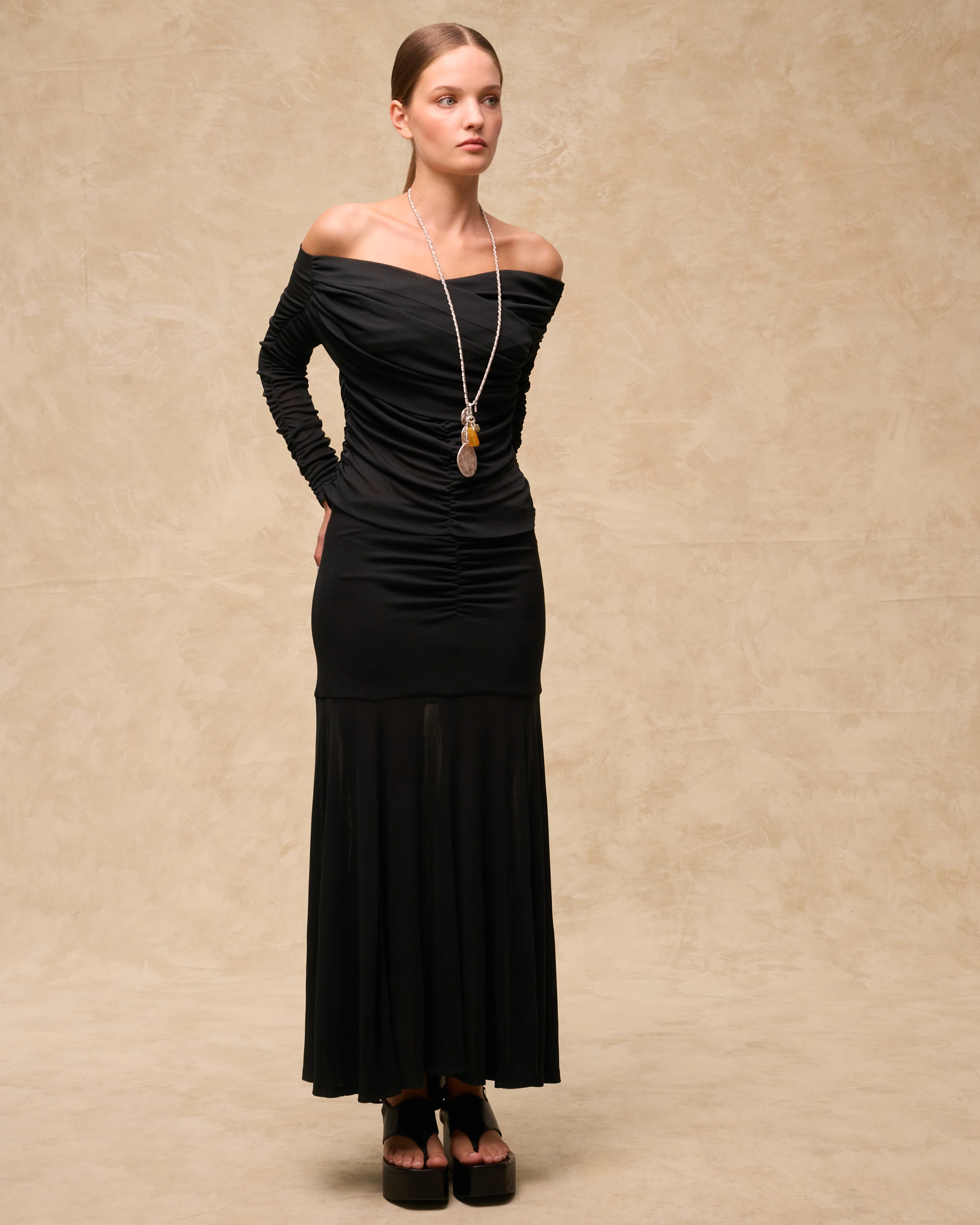 JANE | Black Draped Jersey Off-Shoulder Top