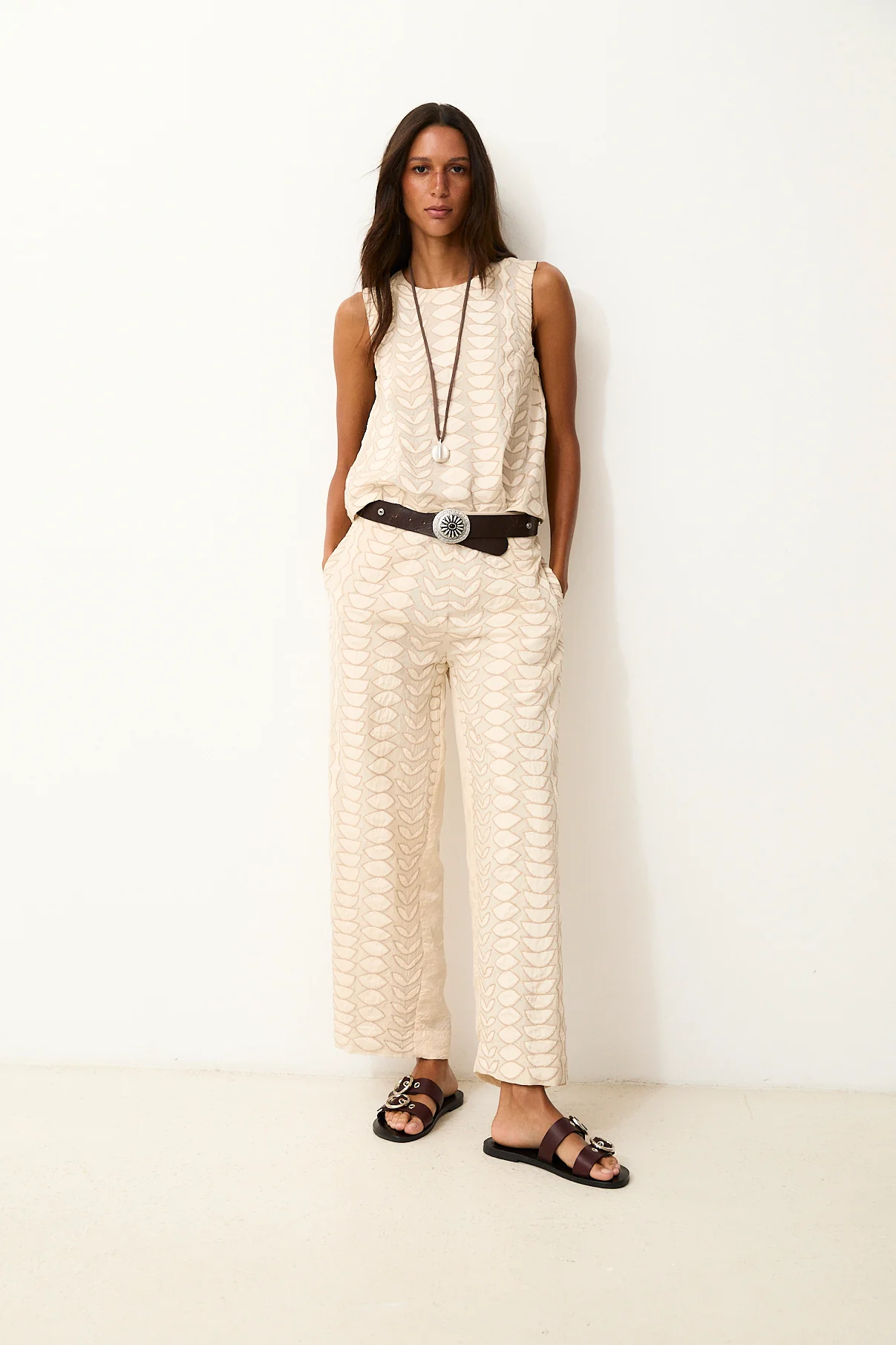 LOUISE | Ecru Cotton Trousers with Hand Embroidery