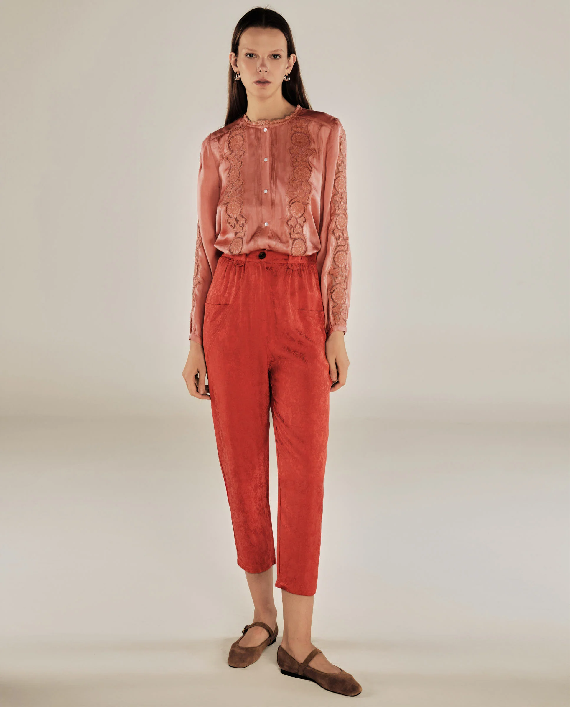 MALAQUITA | Red Jacquard Satin Tapered Trousers - Image 2