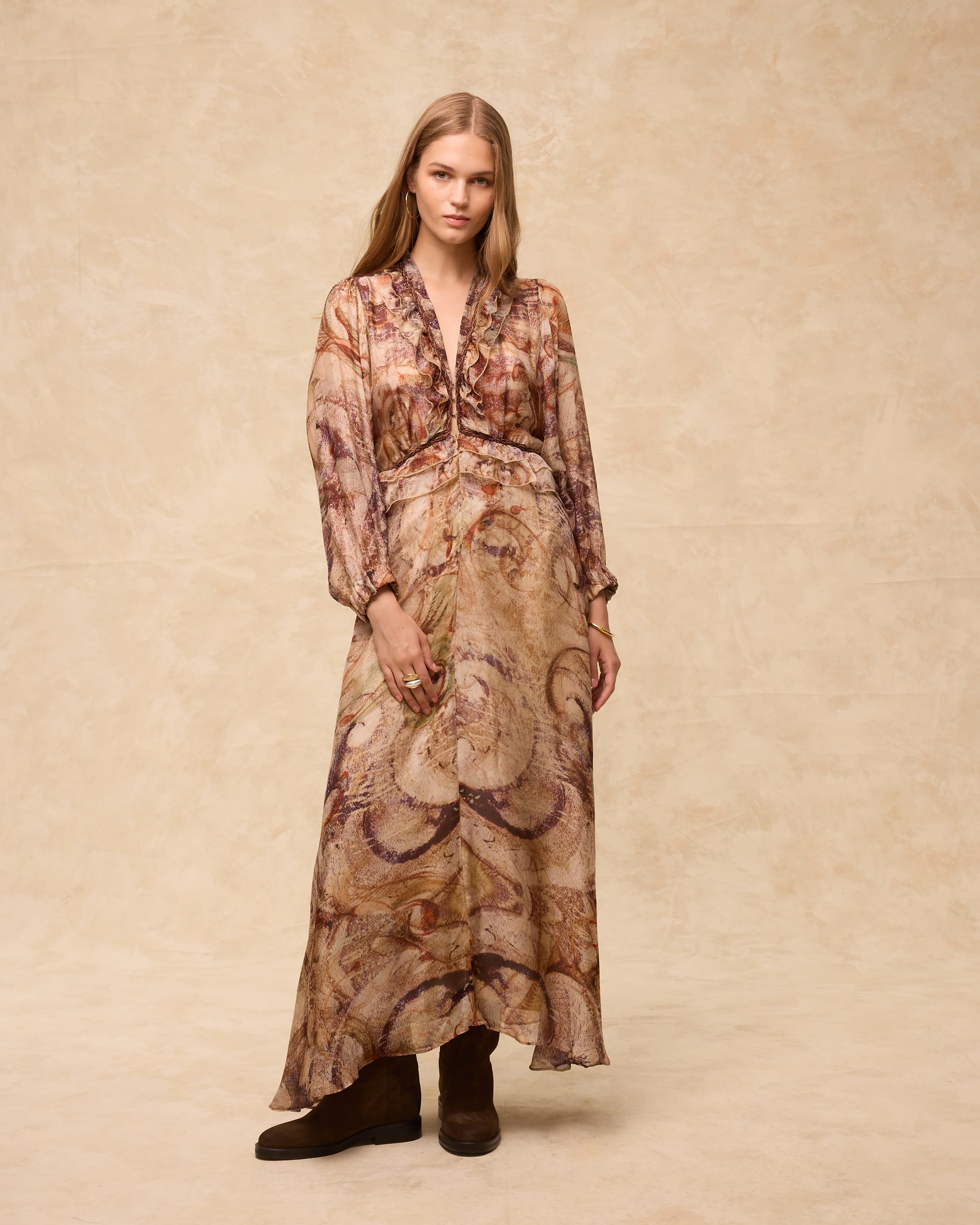 MARSIGLIA | Beige Multi Print Midi Dress