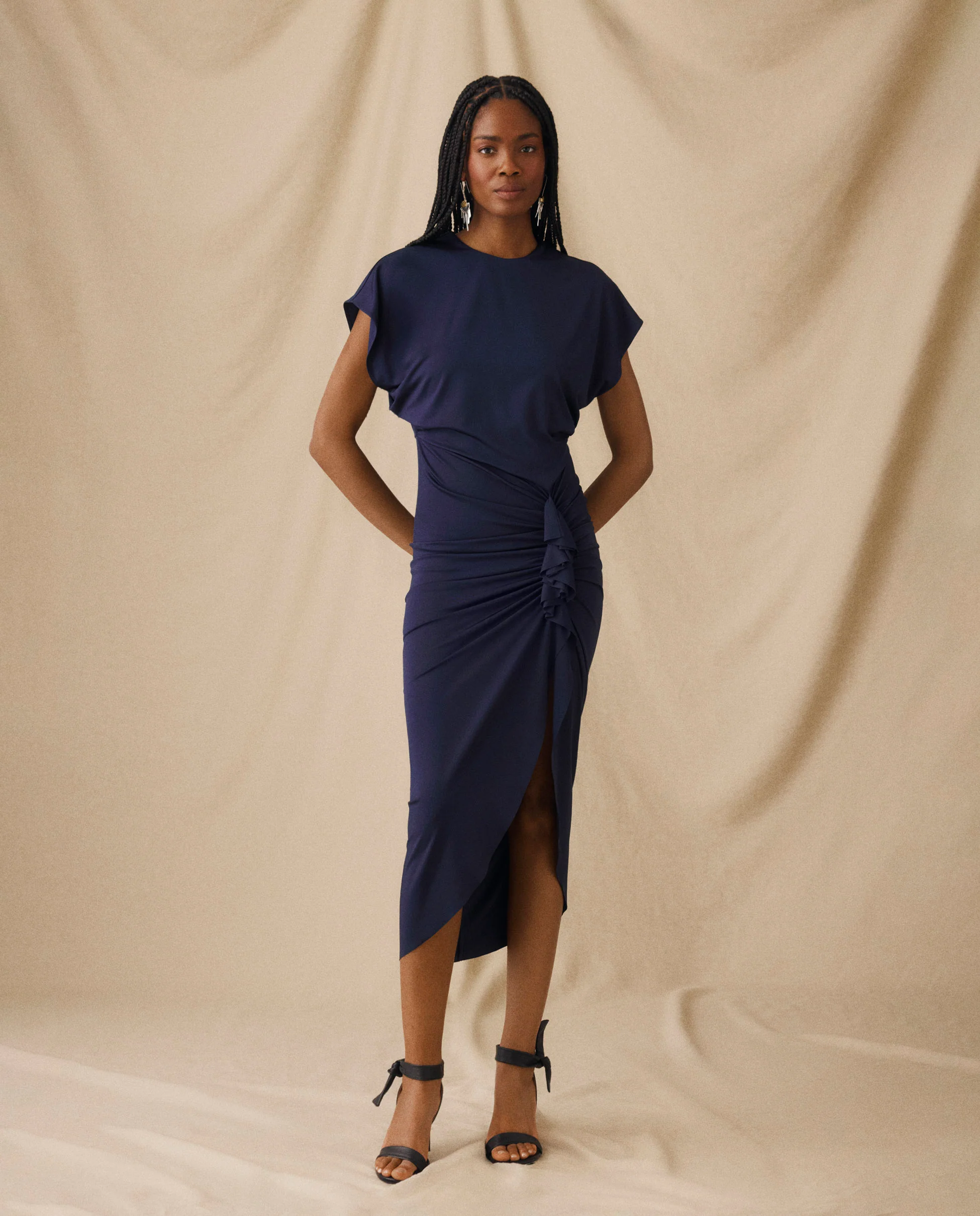 MICHAELA | Navy Draped Midi Dress