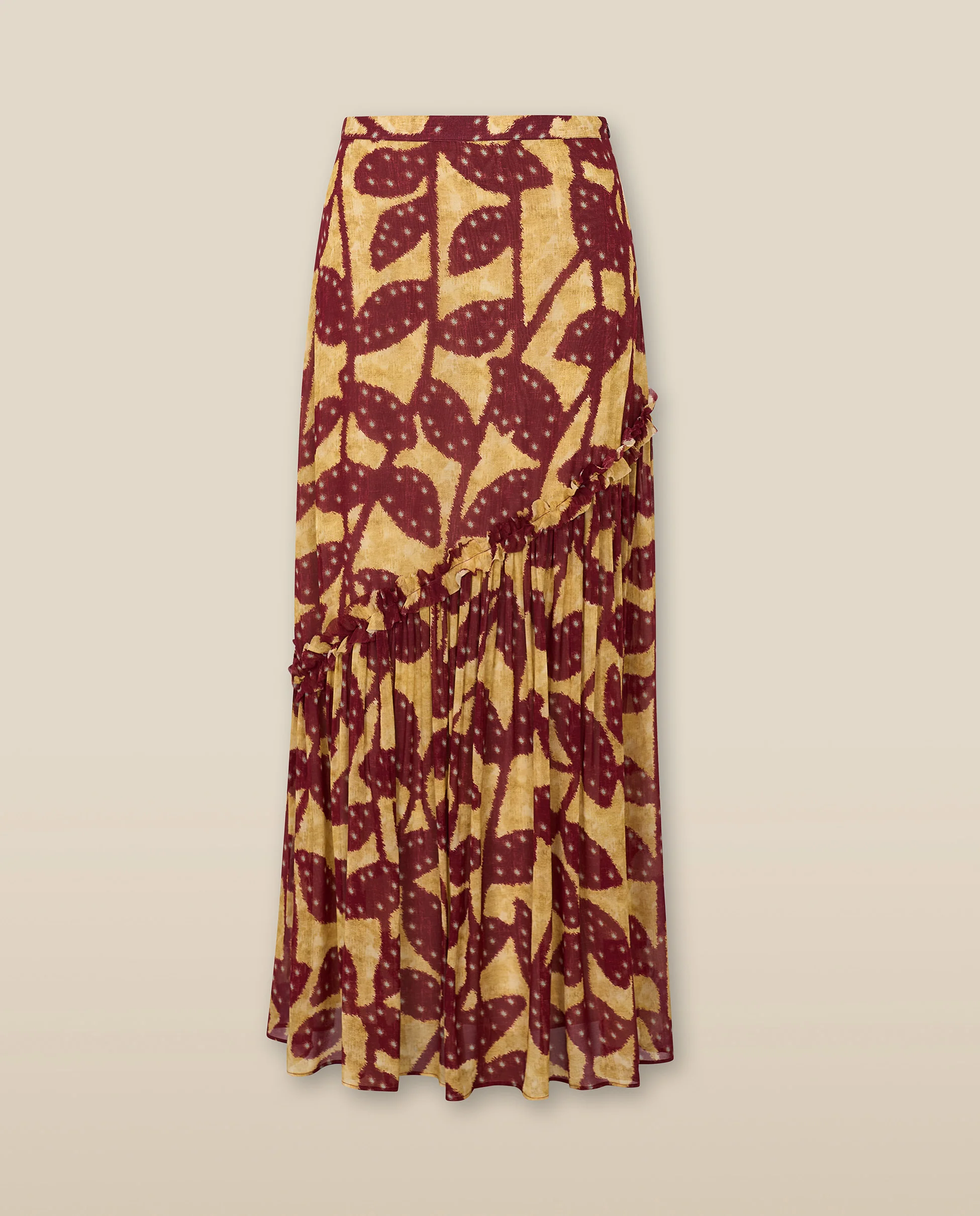 MILLIE | Burgundy & Gold Ruffle Crepe Long Skirt