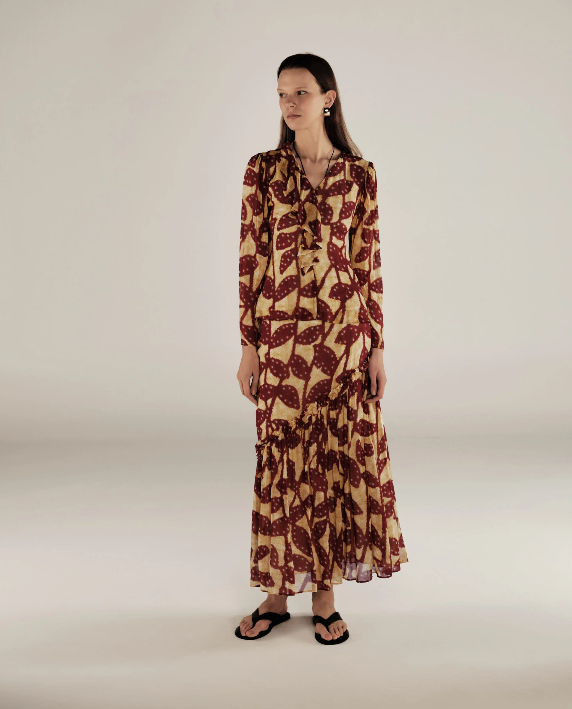 MILLIE | Burgundy & Gold Ruffle Crepe Long Skirt - Image 2