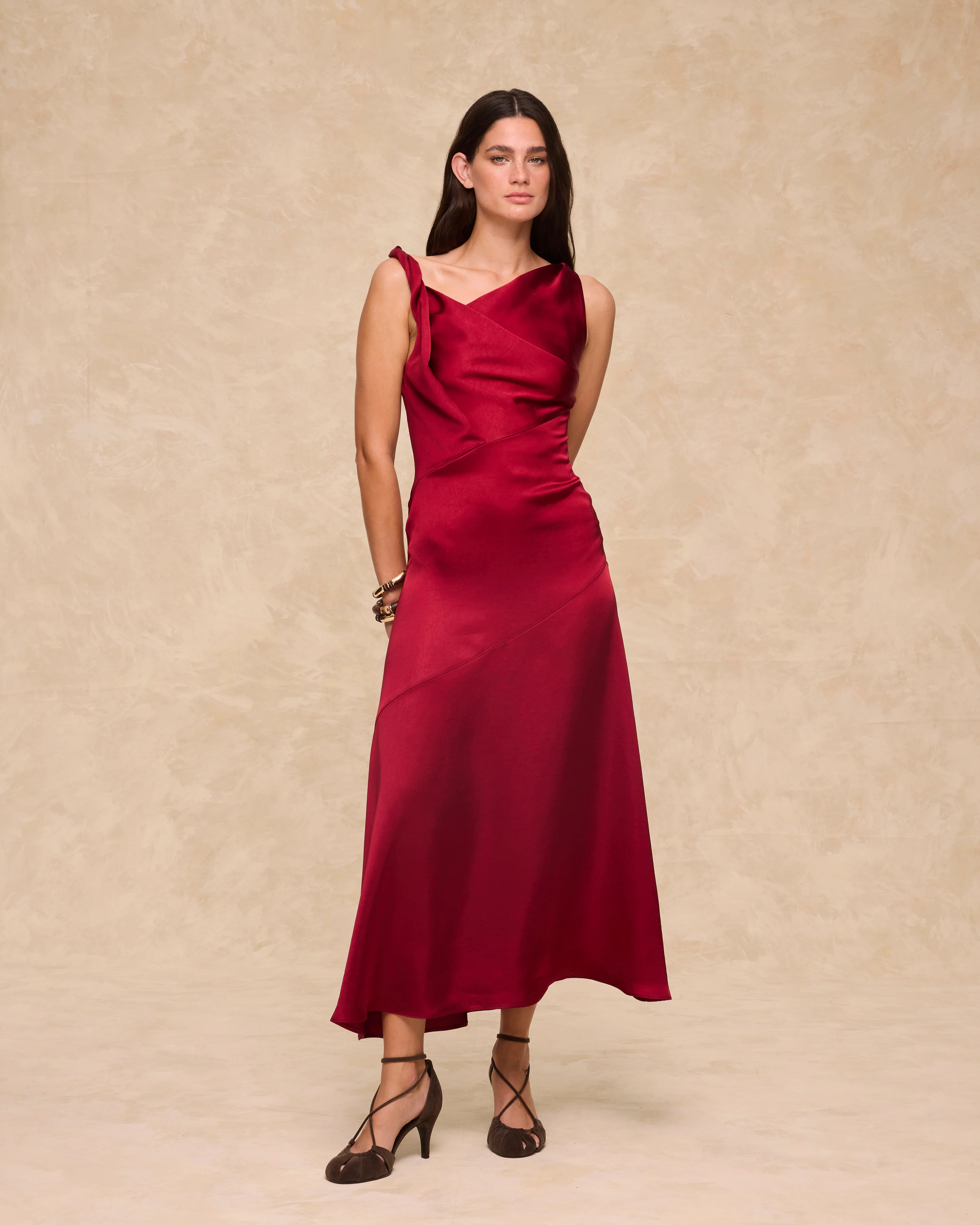 NATALIA | Claret Satin Midi Dress
