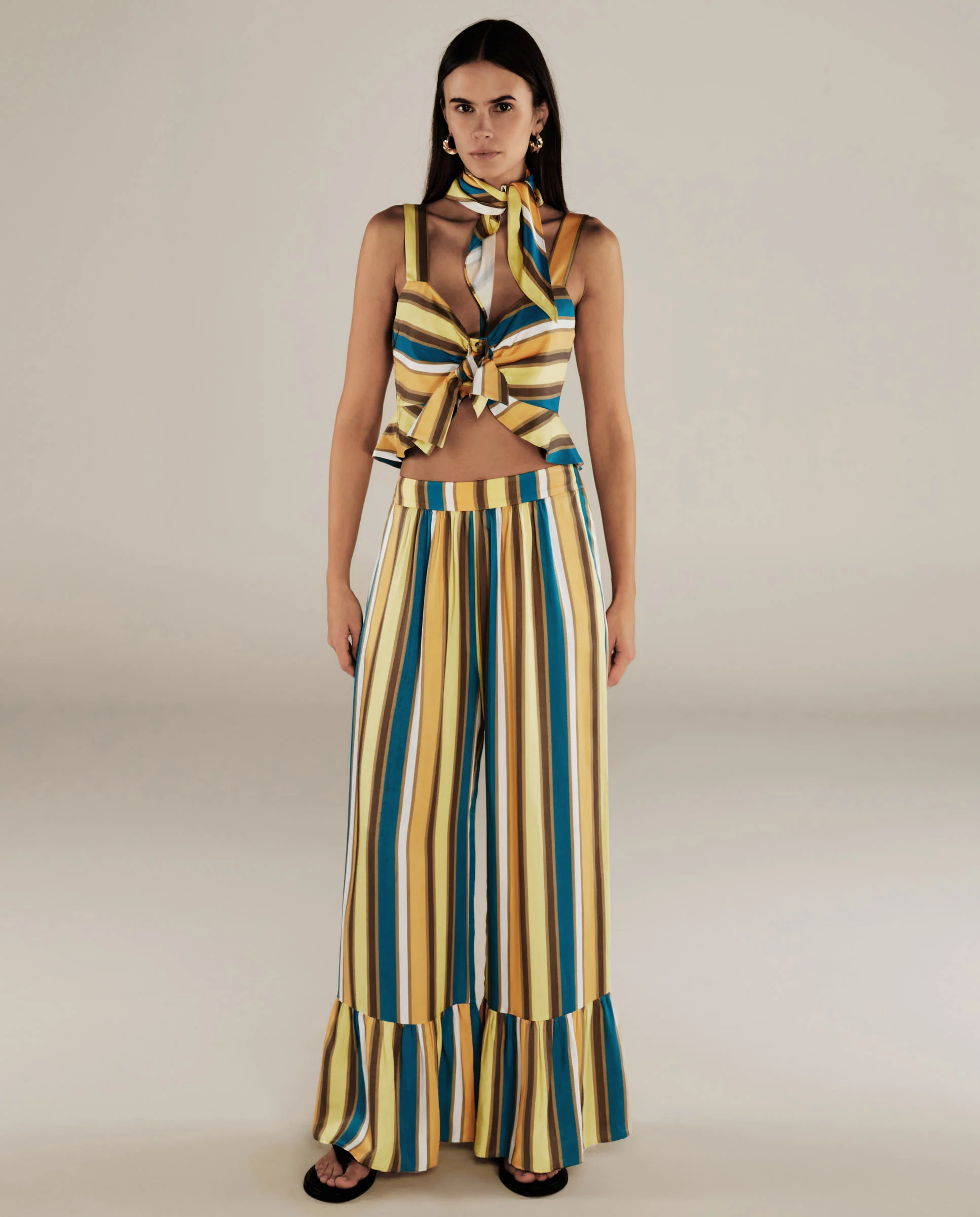 POPEA | Multicoloured Stripe Ruffle Trousers
