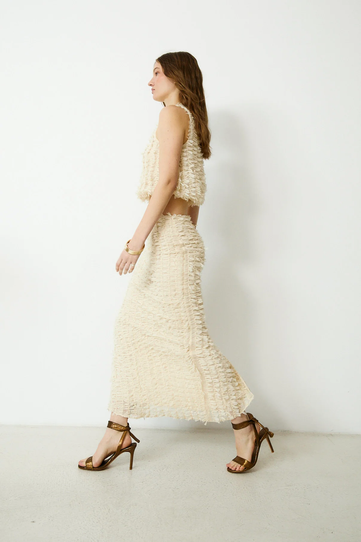RICAMO | Ecru Textured Midi Skirt - Image 4
