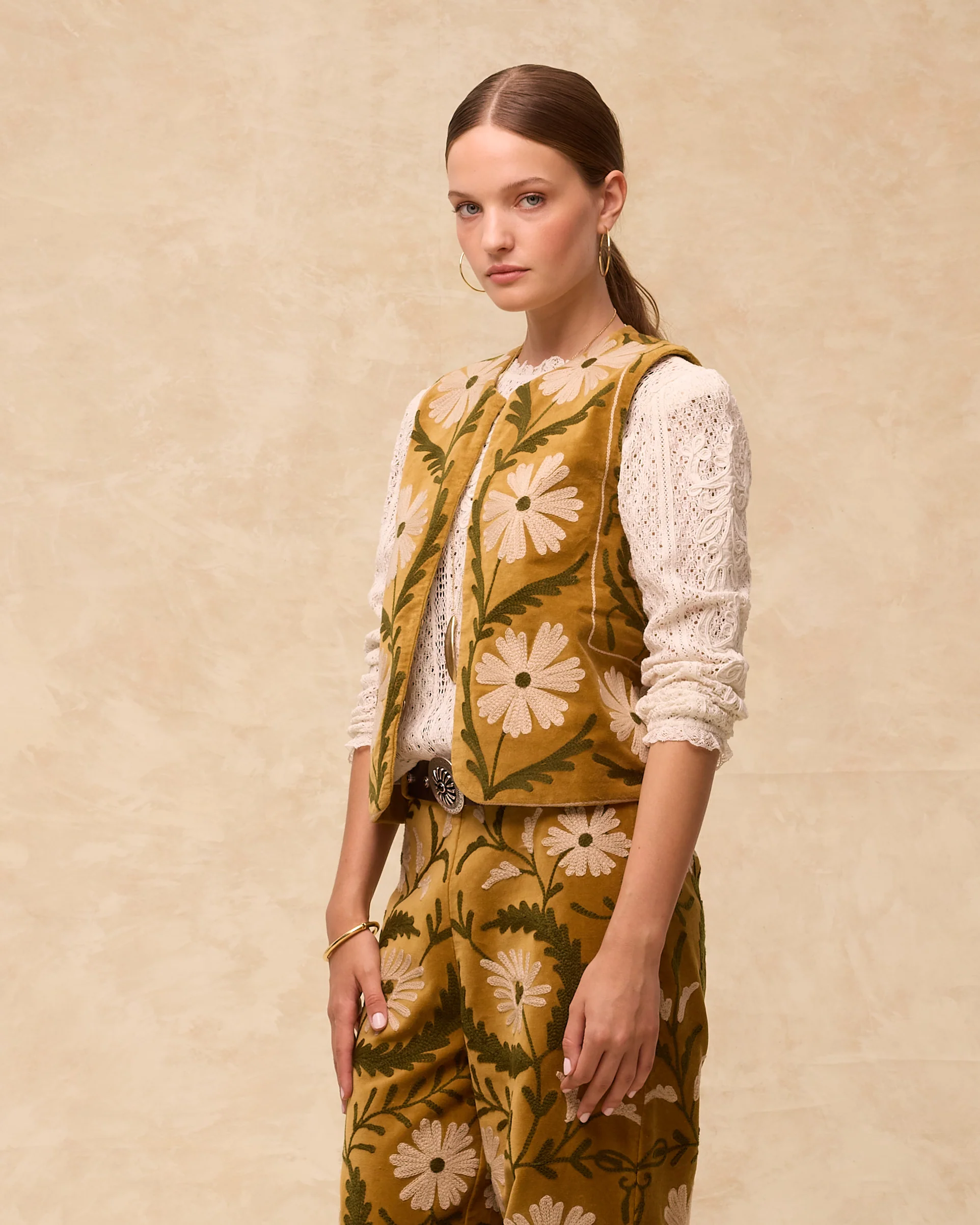 SUZANI | Mustard Embroidered Velvet Vest