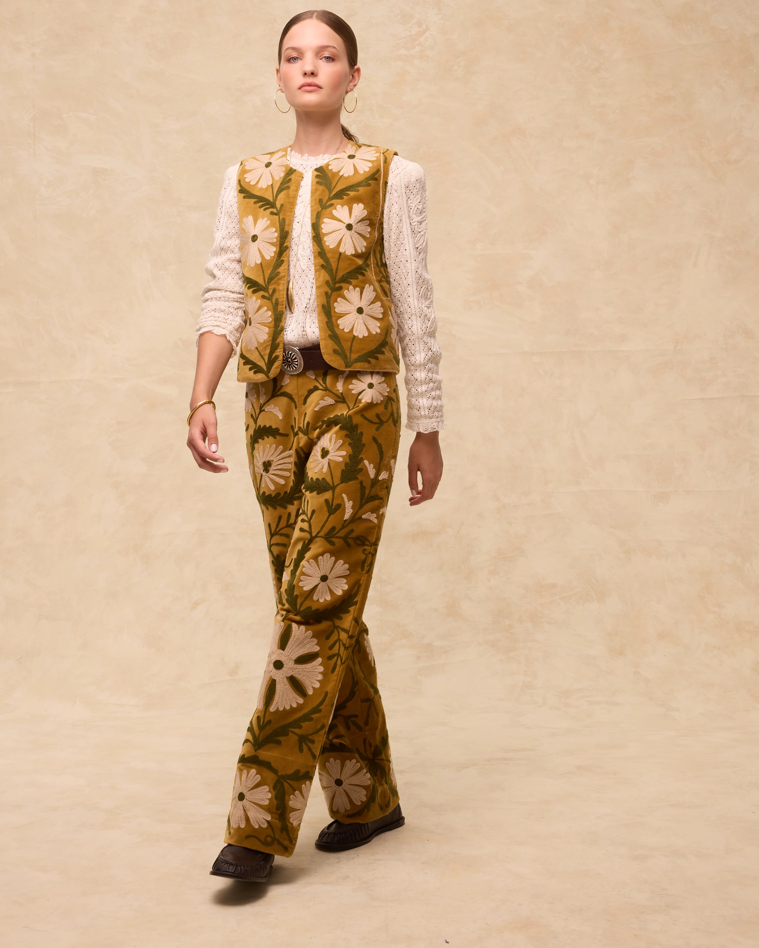 SUZANI | Mustard Floral Embroidered Cotton Trousers