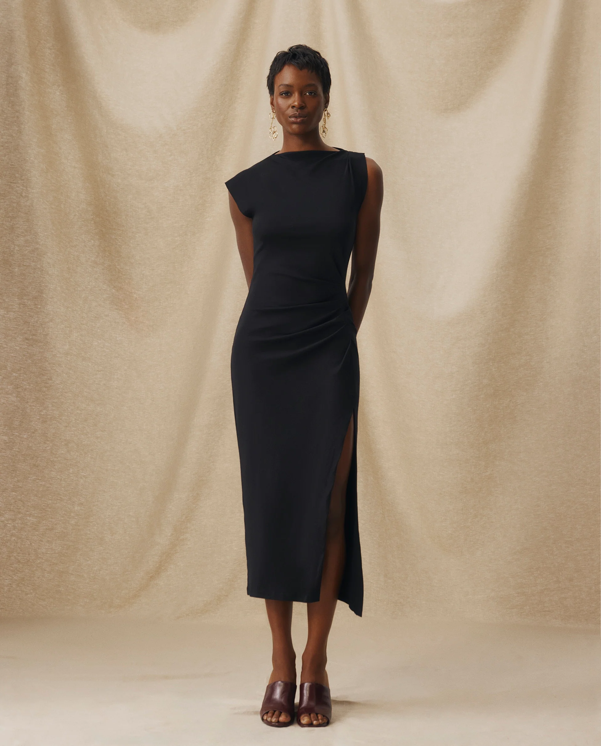 ALLIE | Black Ruched Fitted Cotton Midi Dress