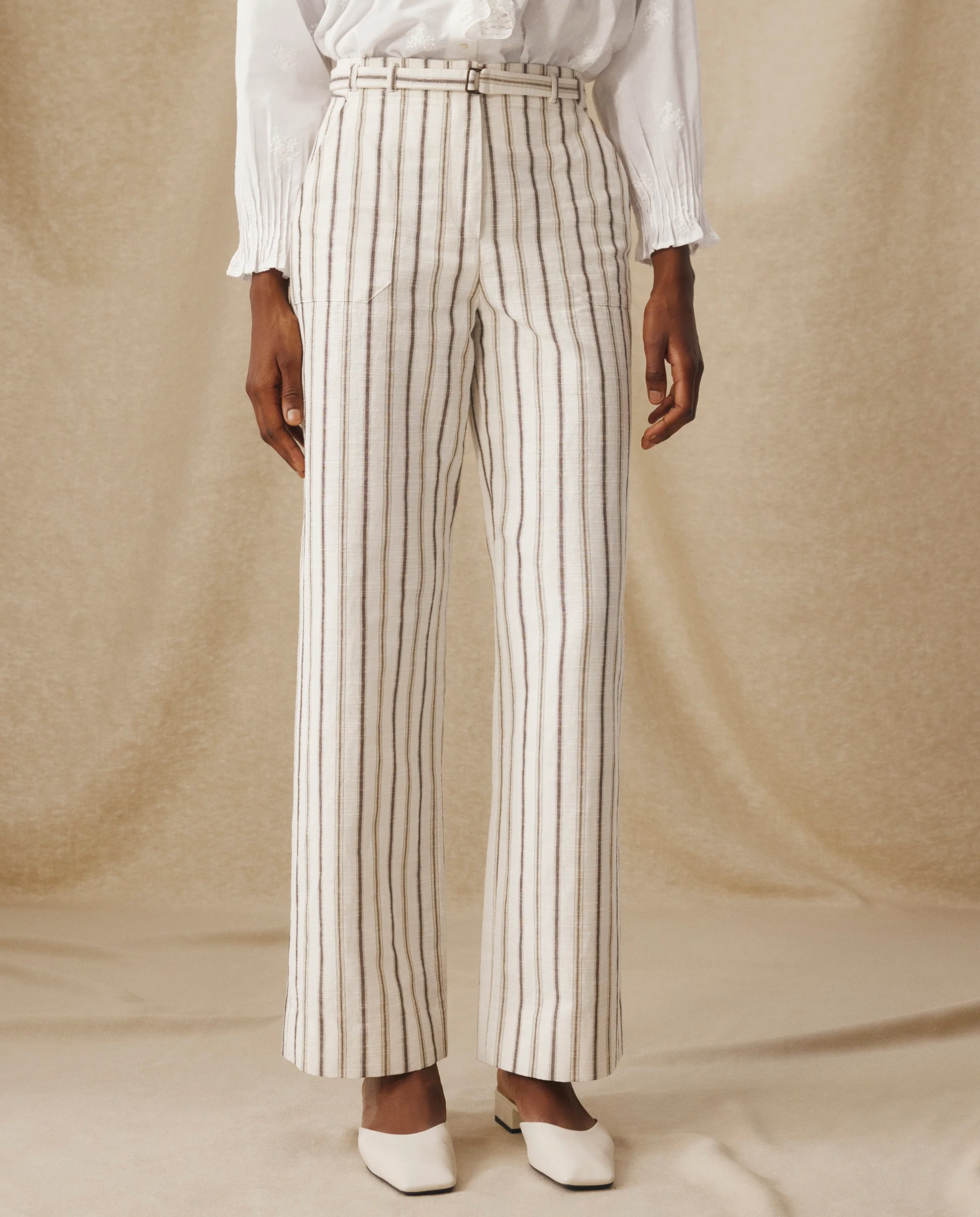 BROOKE | Ecru Subtle Stripe Straight Leg Cotton Linen Trousers