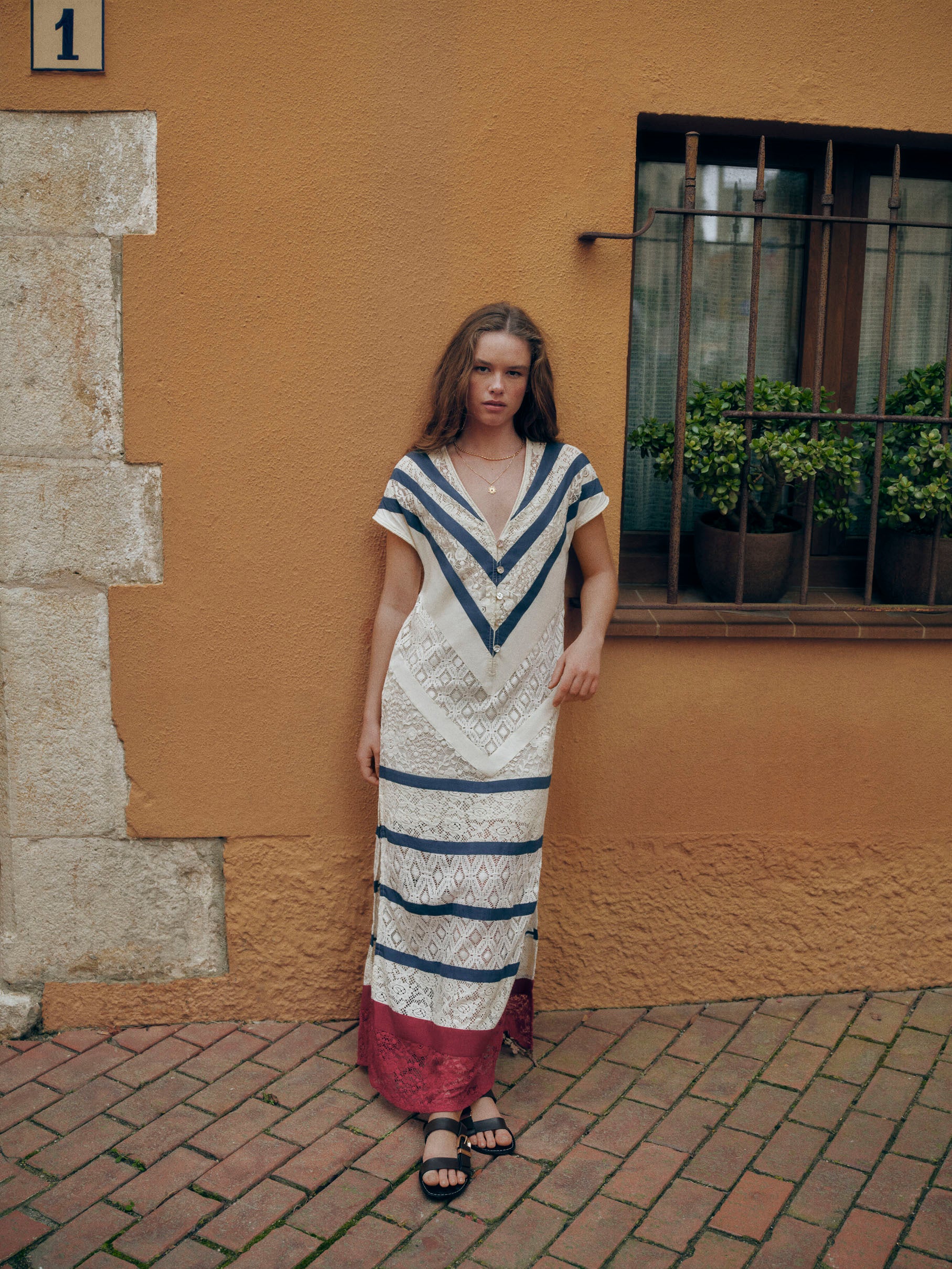 CAIMILE | Ecru Cotton Lace Tunic Dress with Navy Stripes
