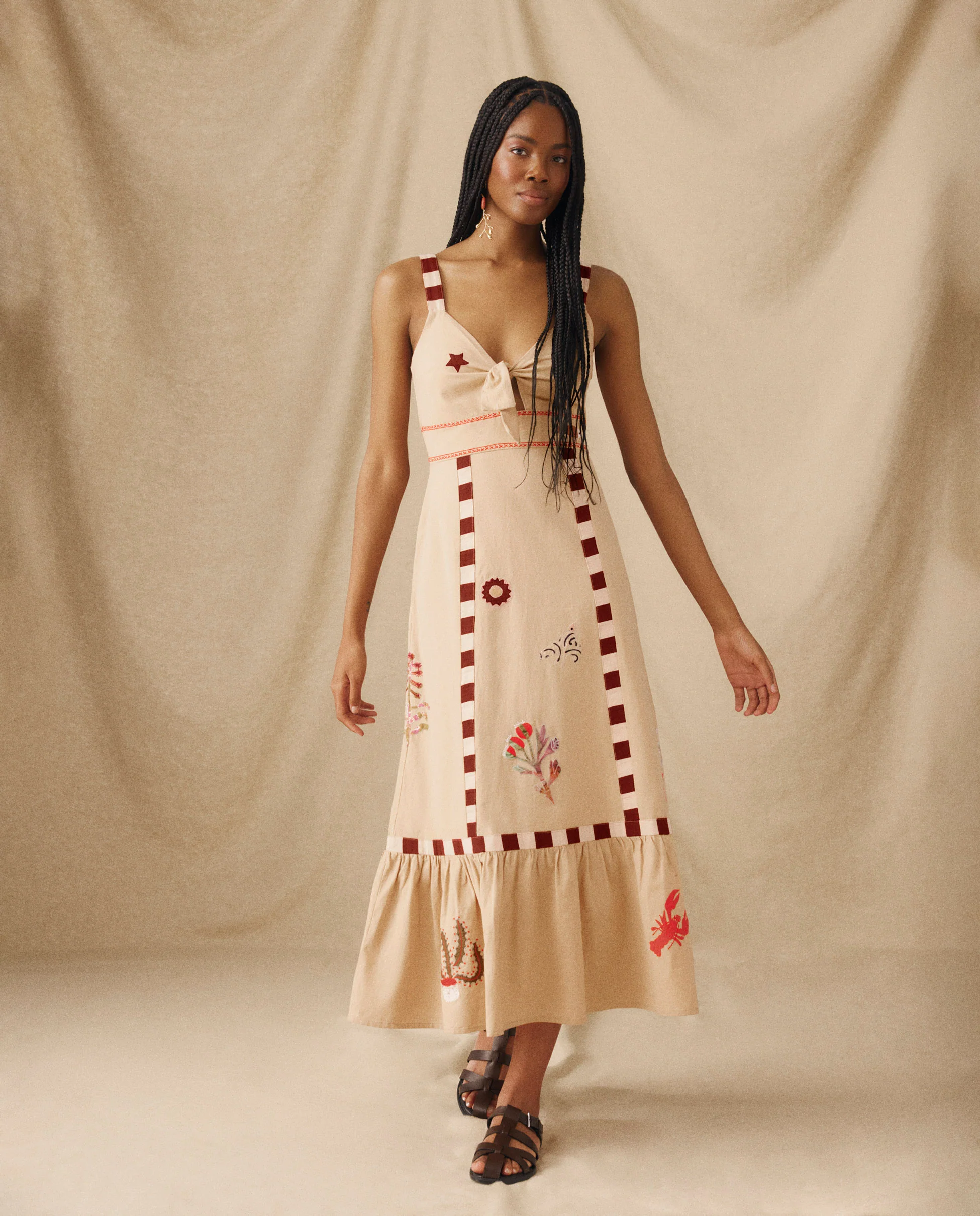 CHANDANI | Beige Embroidered Cotton-Linen Midi Dress