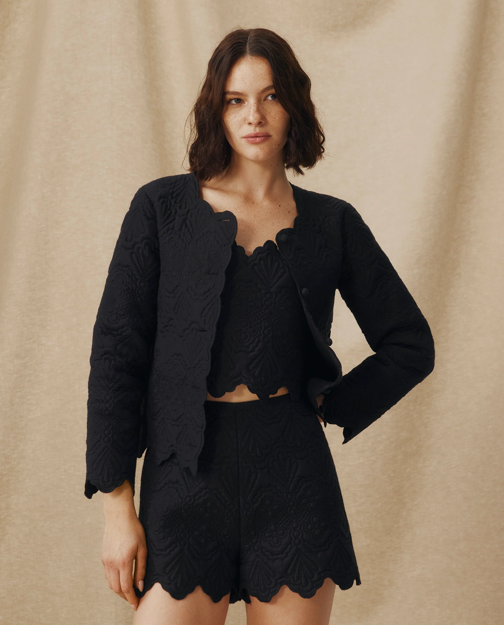 ISHANI | Black Trapunto Embroidered Linen Jacket