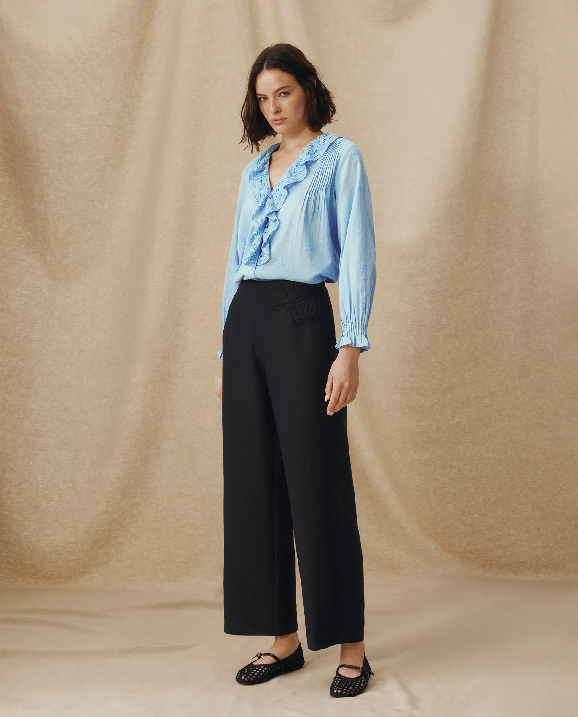 ISHANI | Black Trapunto Embroidered Wide Leg Linen Trousers