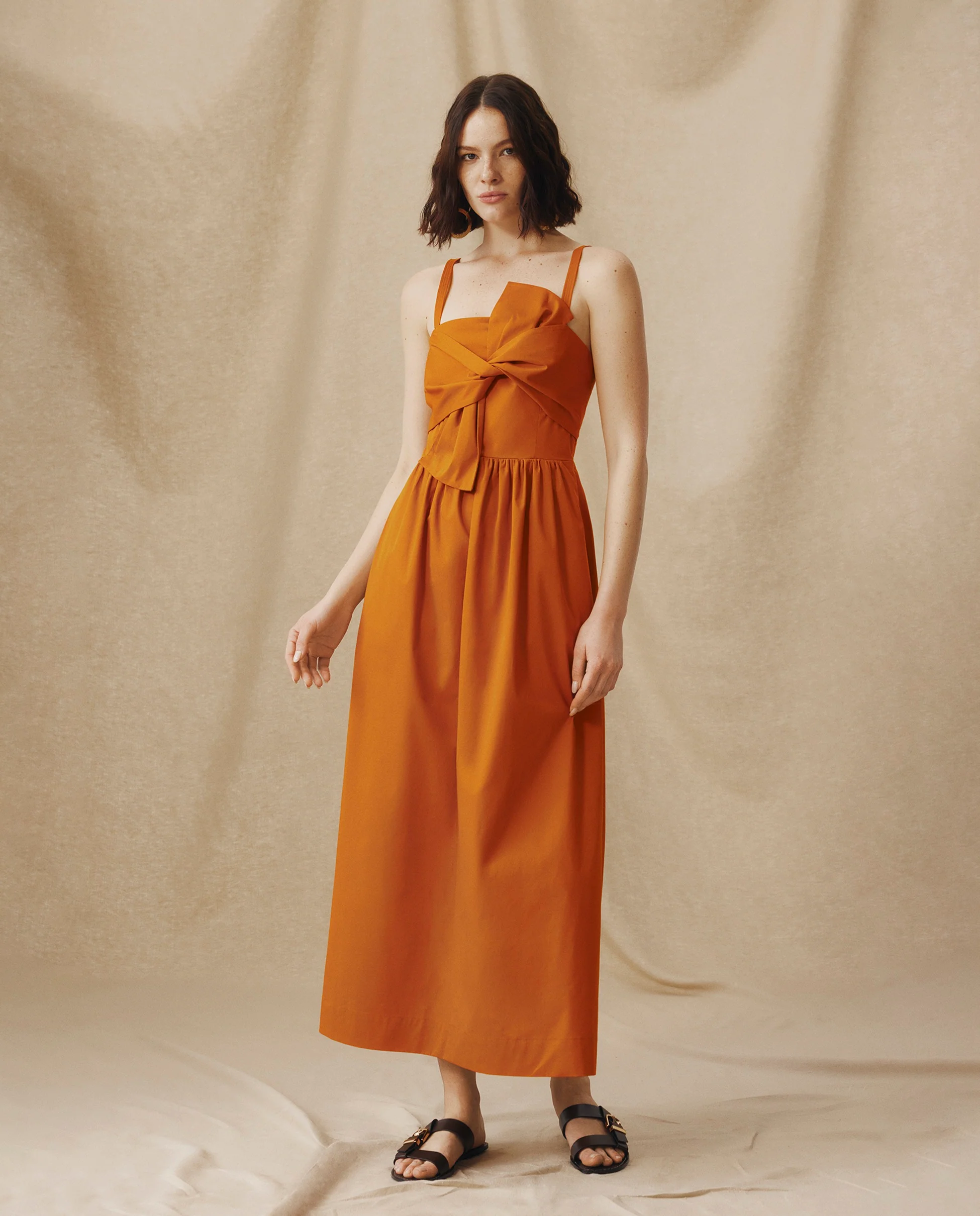 LUCILA | Burnt Orange Tie Front Cotton Midi Dress