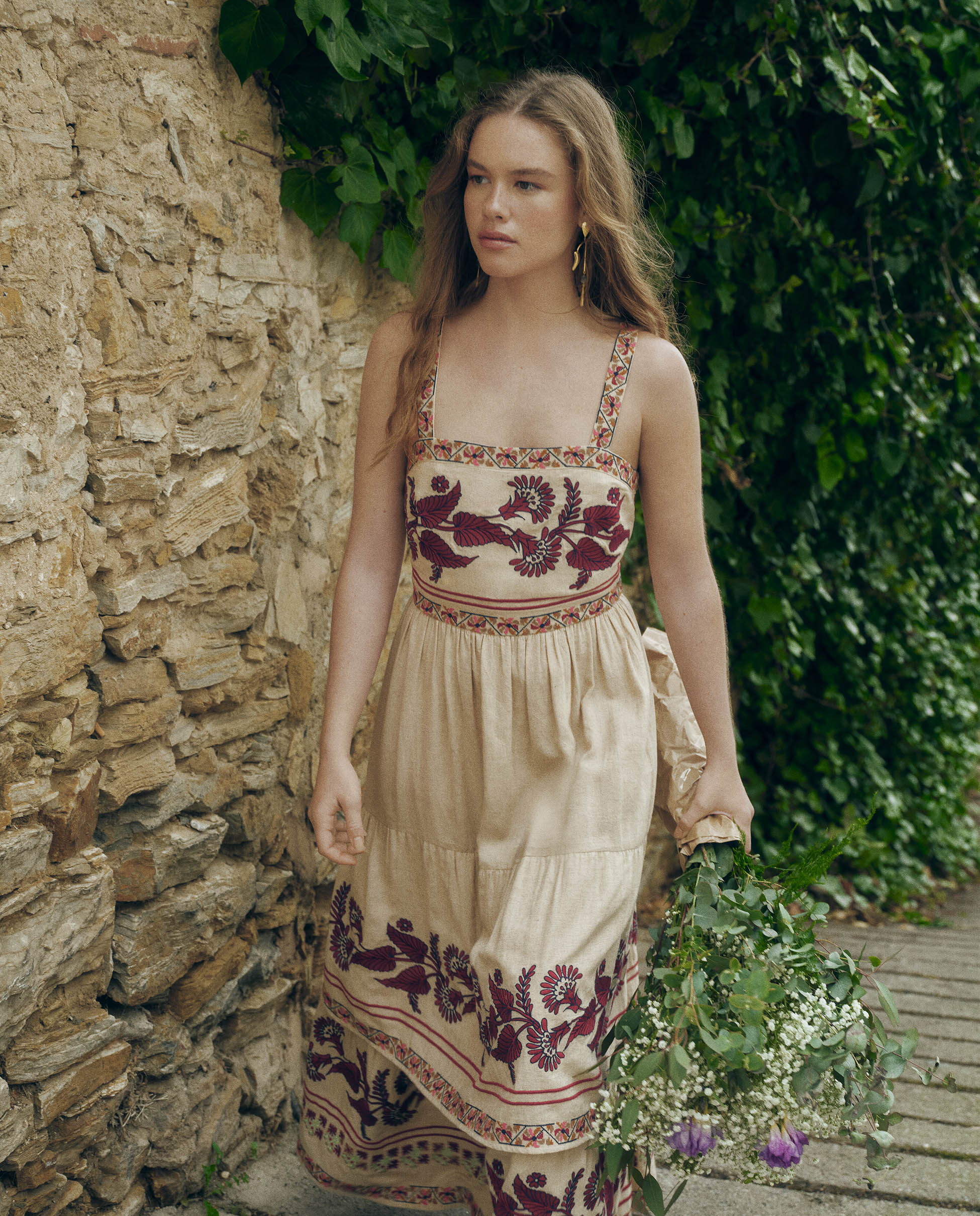 NEESHA | Stone Bohemian Embroidered Midi Dress