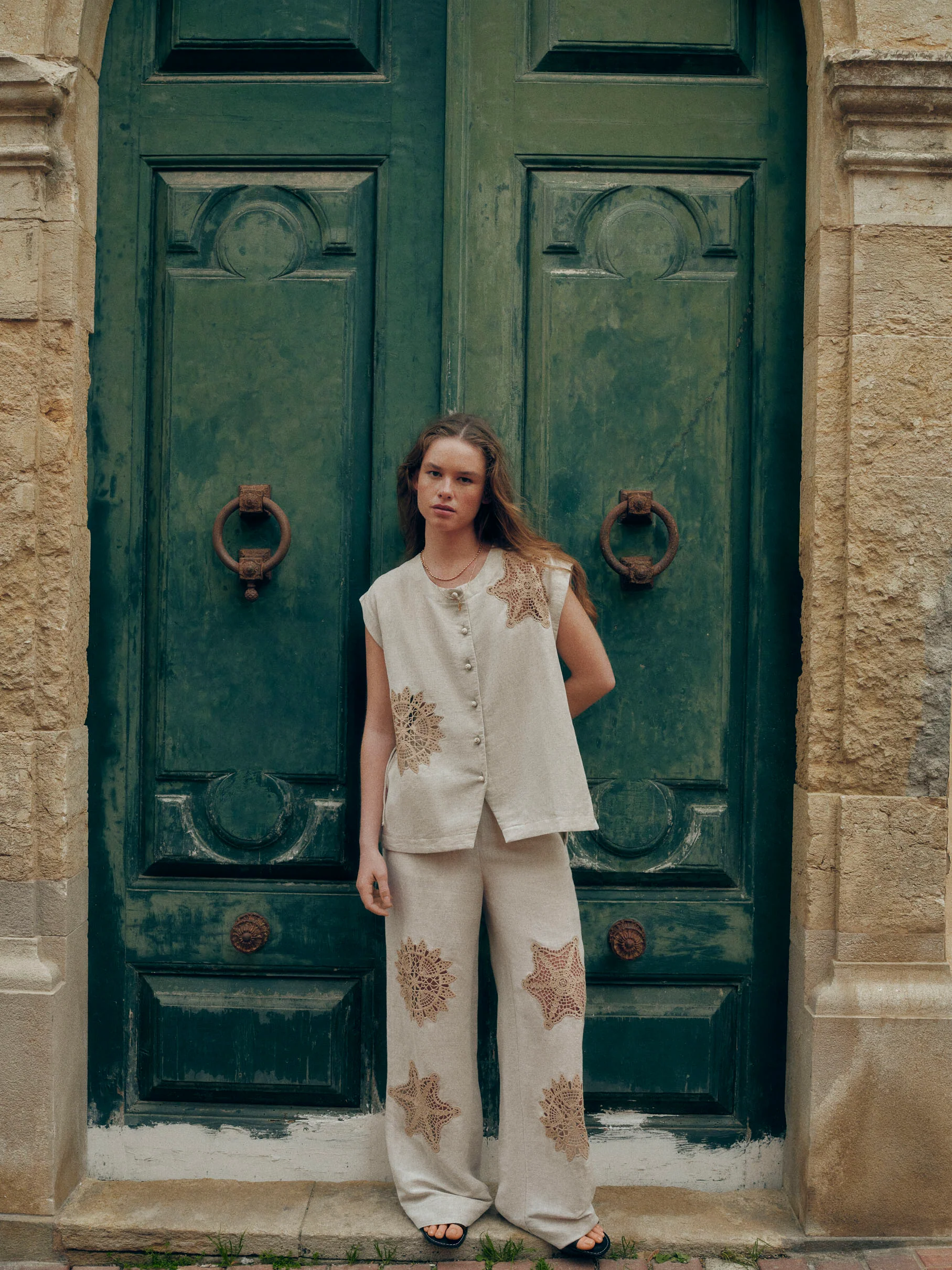 SOMA | Beige Embroidered Linen-Cotton Wide Leg Trousers