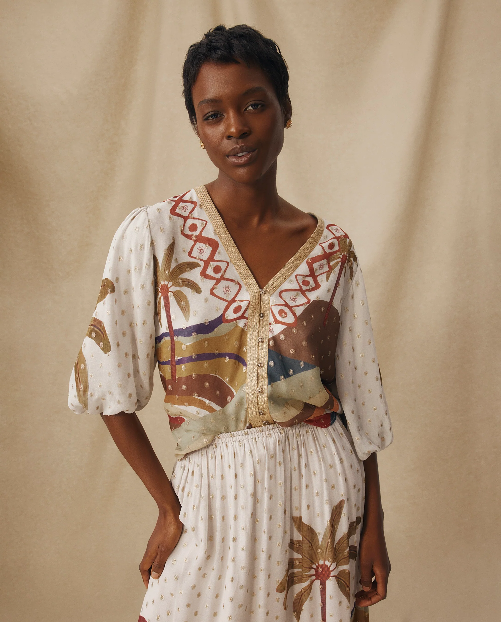 VEDHA | Ecru Multi Palm Printed Blouse
